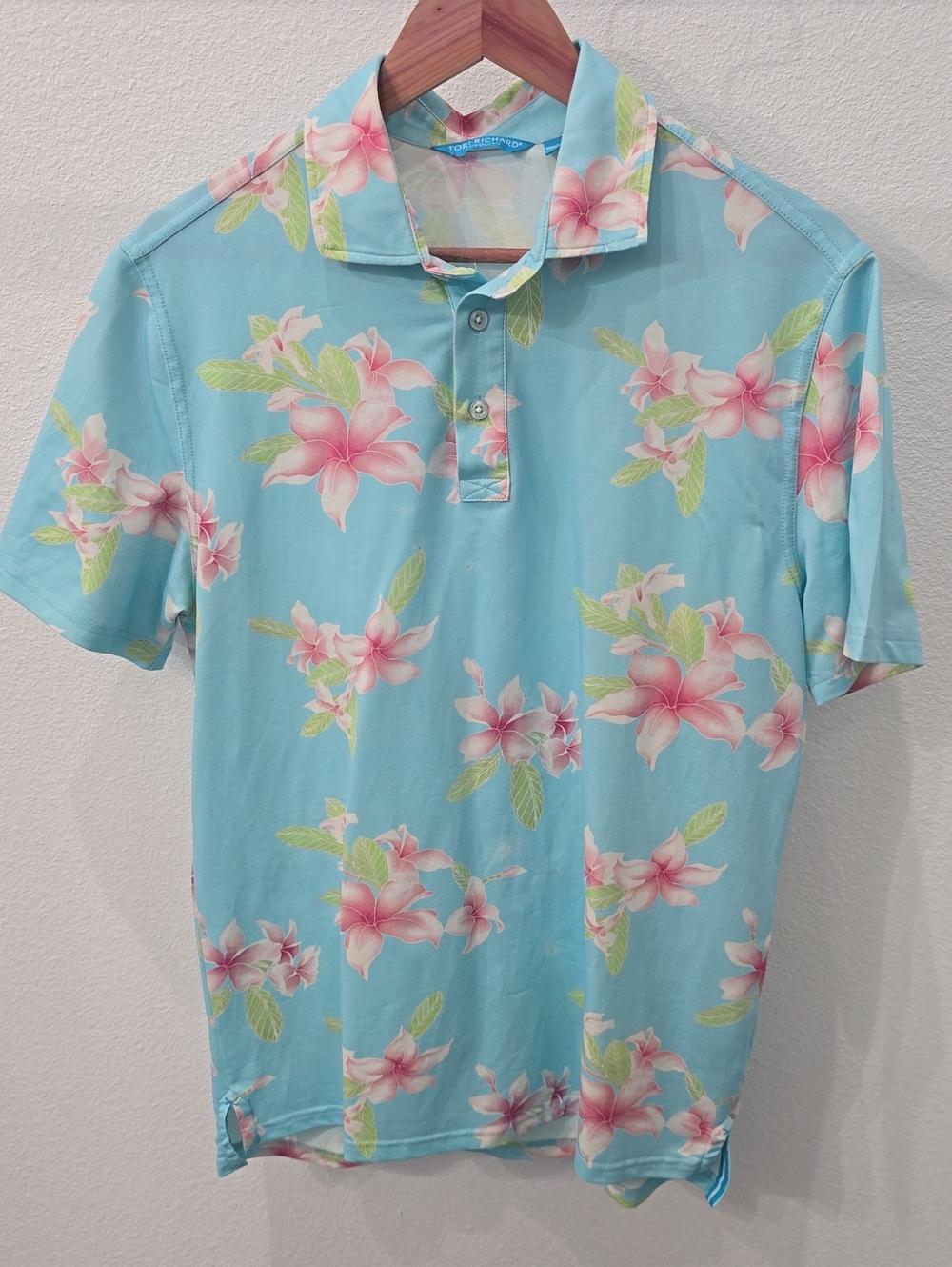Tori Richard Sky Hawaii Blue Polo with Pink Floral Print